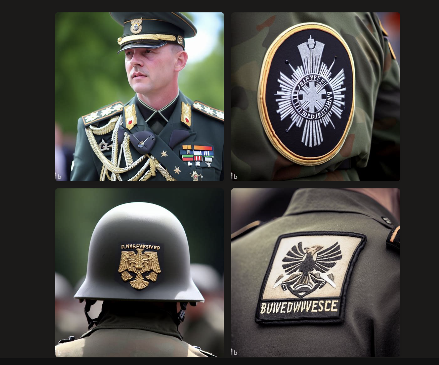 Hmm. Wir baten die KI von Microsoft, Bing Chat KI um ein fotorealistisches fiktives Foto zur Bundeswehr. Das kam dabei heraus. Wir bitten diese Bilder als Satire zu sehen. Bild: Bing Image Creator.
